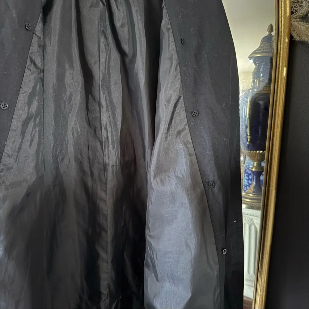 American Living Long Black Trench Coat with Collar & Back Storm Flap Vintage - Picture 10 of 16